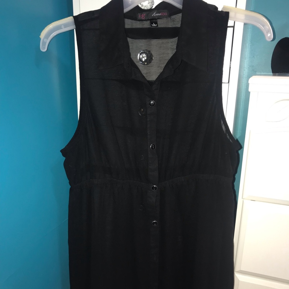 Black button up top, long